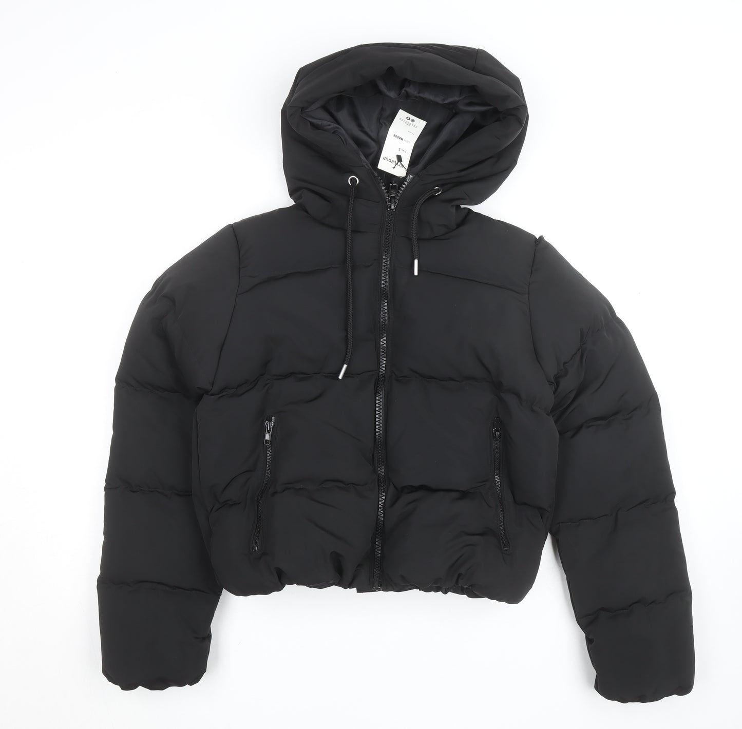 Styledup Women’s Black Cropped Puffer Jacket Size S Hooded Winter Coat