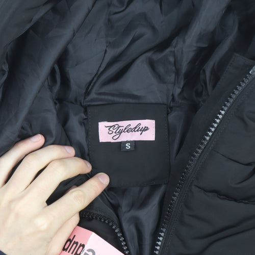 Styledup Women’s Black Cropped Puffer Jacket Size S Hooded Winter Coat
