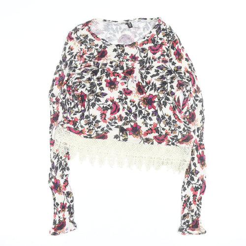 H&M Divided Women’s Multicoloured Floral Cropped Knit Lace Hem Long Sleeve Blouse XS