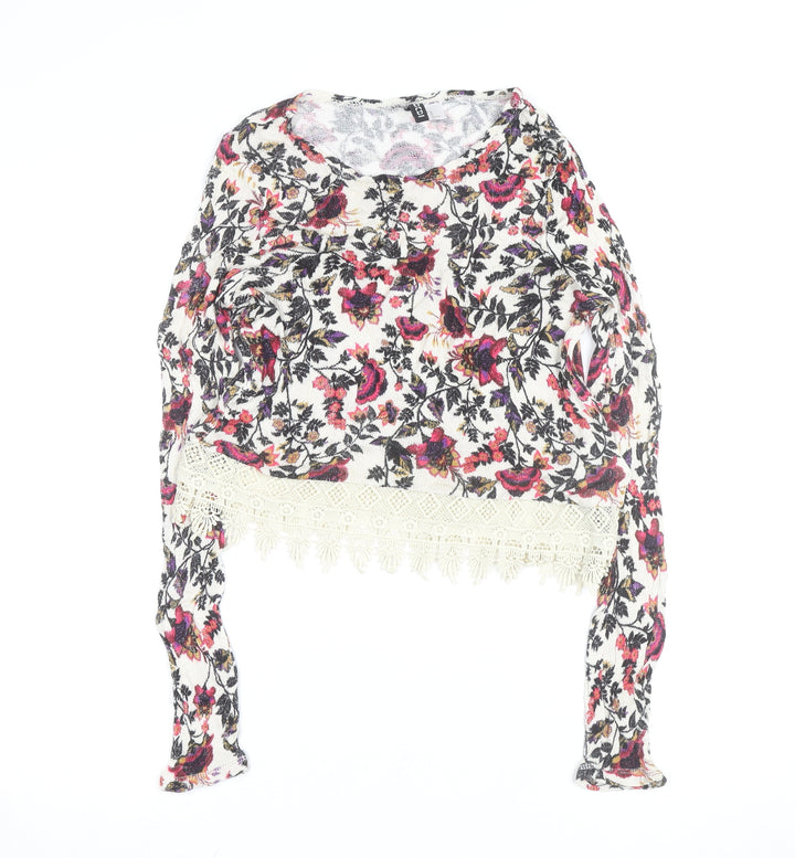 H&M Divided Women’s Multicoloured Floral Cropped Knit Lace Hem Long Sleeve Blouse XS