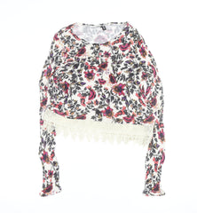 H&M Divided Women’s Multicoloured Floral Cropped Knit Lace Hem Long Sleeve Blouse XS
