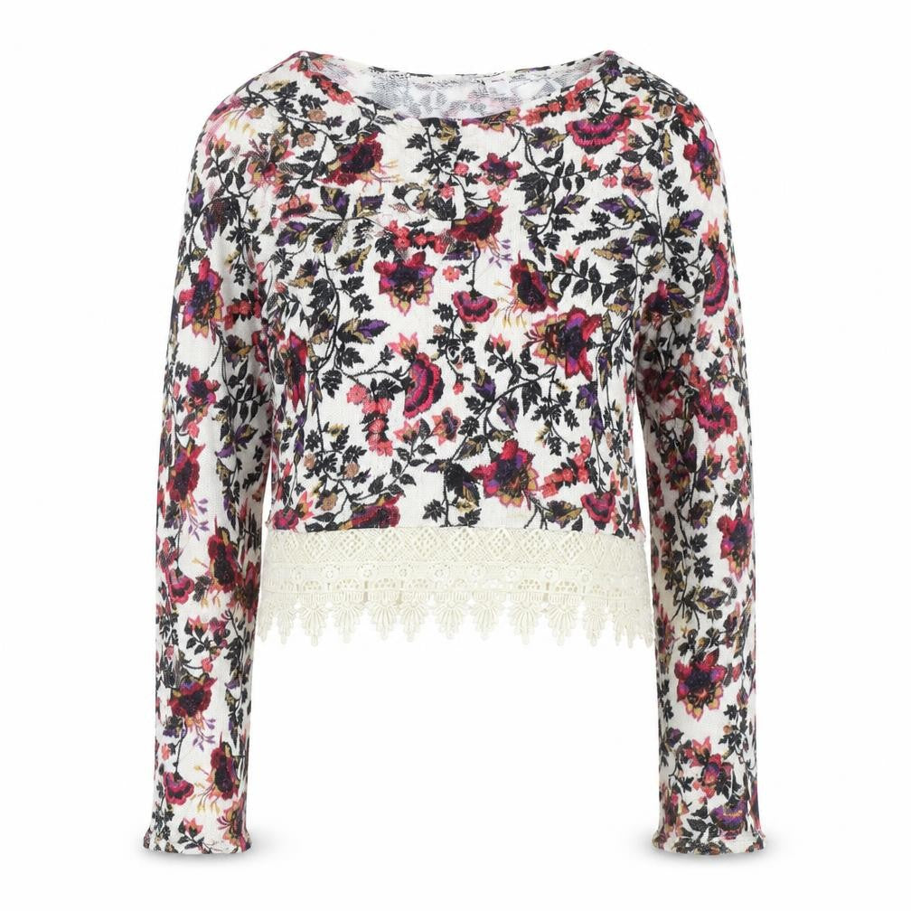 H&M Divided Women’s Multicoloured Floral Cropped Knit Lace Hem Long Sleeve Blouse XS