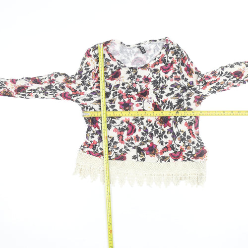 H&M Divided Women’s Multicoloured Floral Cropped Knit Lace Hem Long Sleeve Blouse XS