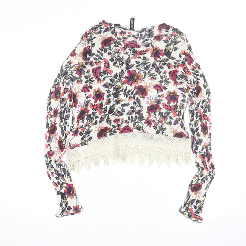 H&M Divided Women’s Multicoloured Floral Cropped Knit Lace Hem Long Sleeve Blouse XS