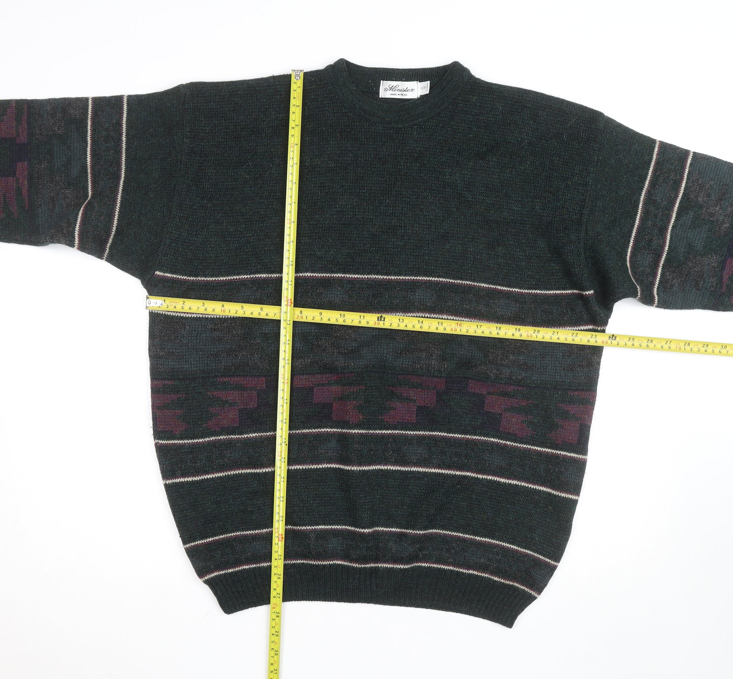 Minister Men's Green Wool Geometric Knit Pullover Jumper XL