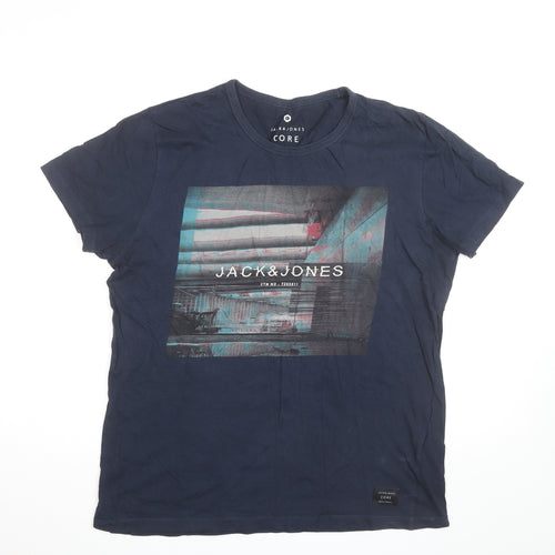 Jack & Jones Mens Navy Graphic Print Crew Neck Short Sleeve T-Shirt Size L