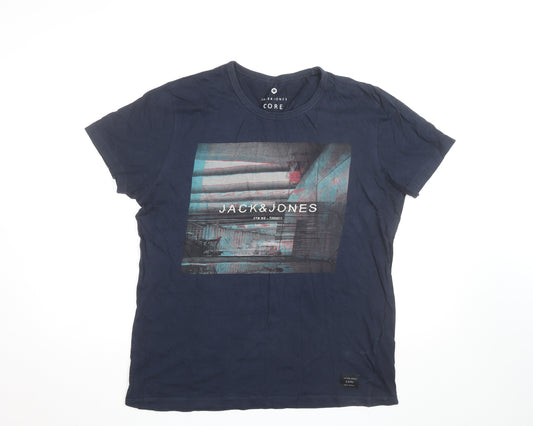 Jack & Jones Mens Navy Graphic Print Crew Neck Short Sleeve T-Shirt Size L