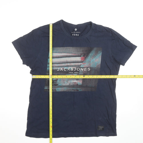 Jack & Jones Mens Navy Graphic Print Crew Neck Short Sleeve T-Shirt Size L
