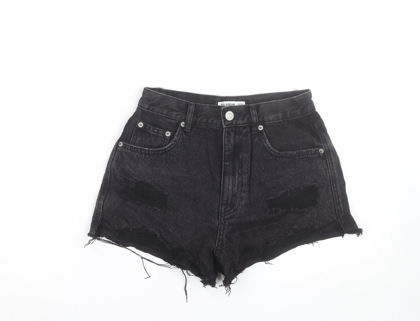 Pull&Bear Women Black Denim Cut-Off Shorts Size 8 Distressed 5-Pocket