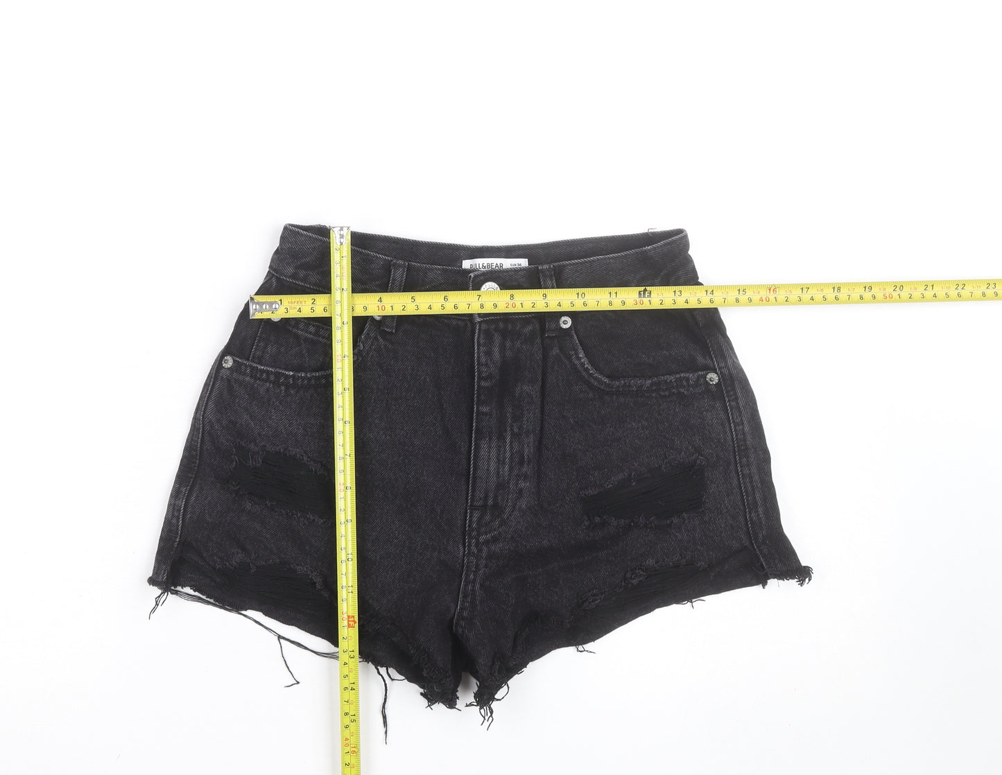 Pull&Bear Women Black Denim Cut-Off Shorts Size 8 Distressed 5-Pocket