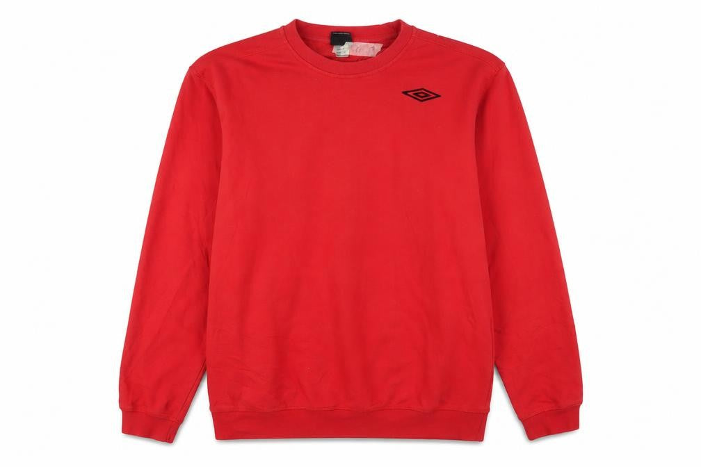 Front view of Umbro men’s red crew neck pullover sweatshirt l sports style