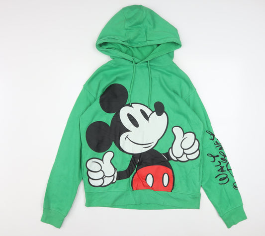 Disney Women Green Mickey Mouse Pullover Hoodie XS Graphic Print