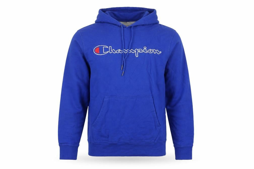 Front view of Champion Men's Blue Pullover Hoodie Small Embroidered Logo Fleece