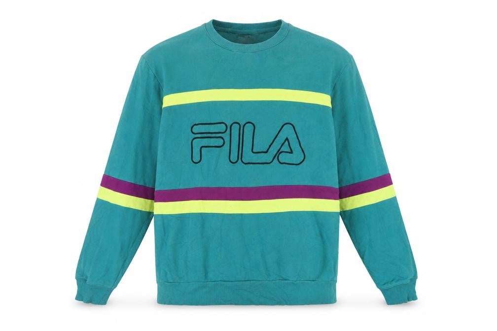 Front view of Fila Men's Blue Retro 90s Crew Neck Pullover Sweatshirt, size S