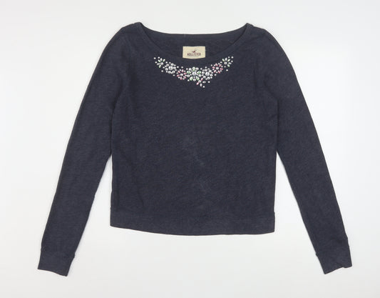 Hollister Women Navy Blue Medium Pullover Sweatshirt with Jewel Accents