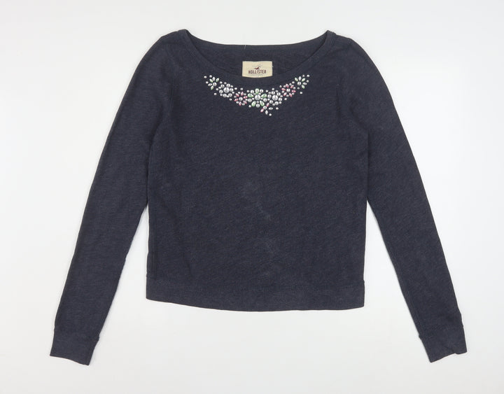 Hollister Women Navy Blue Medium Pullover Sweatshirt with Jewel Accents