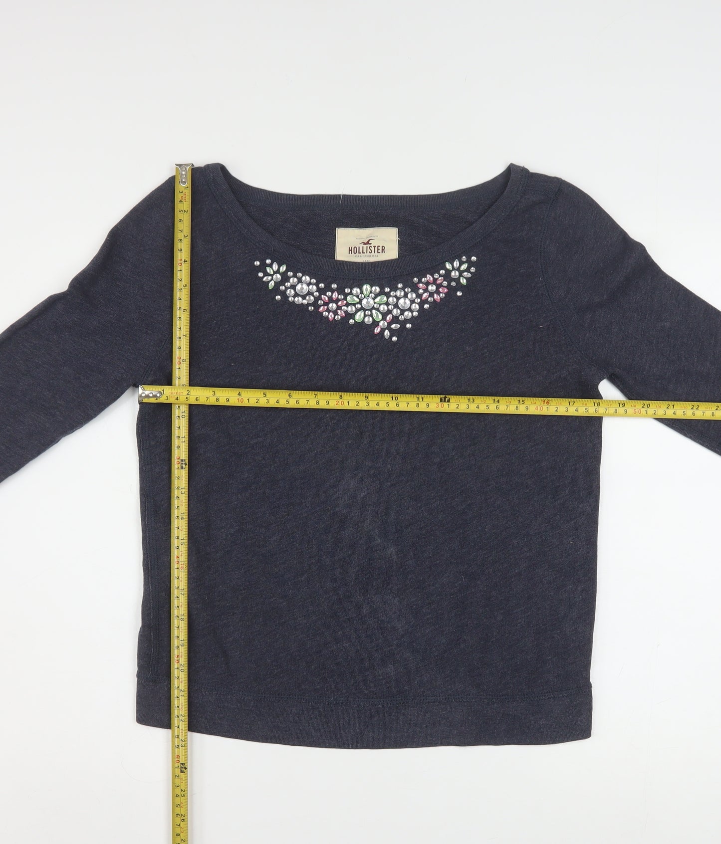 Hollister Women Navy Blue Medium Pullover Sweatshirt with Jewel Accents