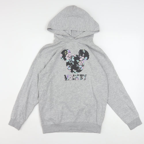 H&M Girls Grey Hoodie 11-12 Years Disney Mickey Floral Cotton Blend Pullover