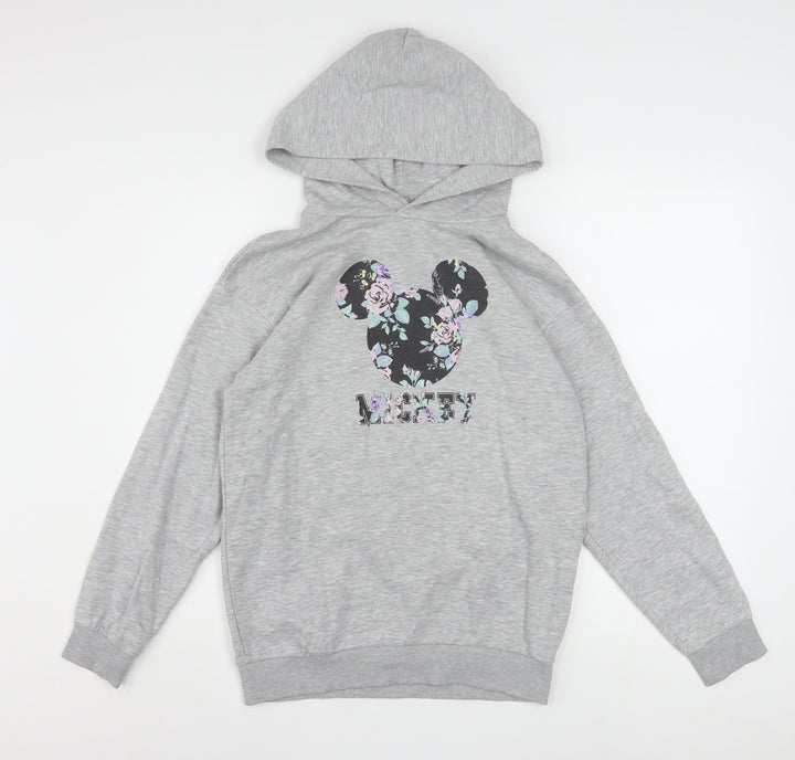 H&M Girls Grey Hoodie 11-12 Years Disney Mickey Floral Cotton Blend Pullover