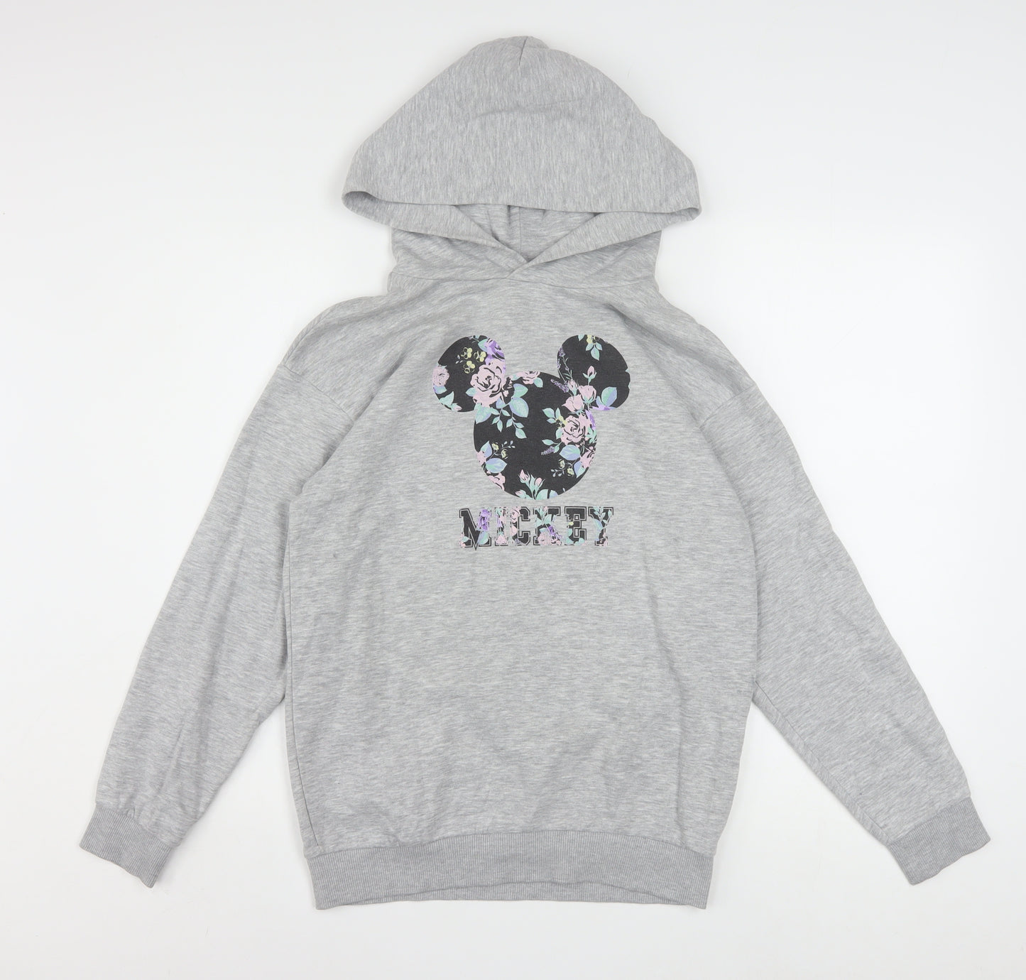 H&M Girls Grey Hoodie 11-12 Years Disney Mickey Floral Cotton Blend Pullover
