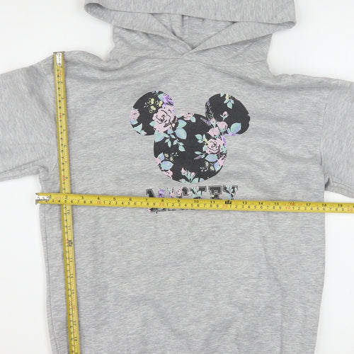 H&M Girls Grey Hoodie 11-12 Years Disney Mickey Floral Cotton Blend Pullover
