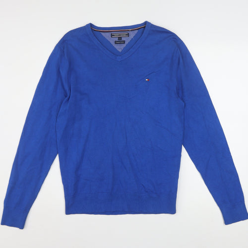Tommy Hilfiger Men's Blue Cotton V-Neck Jumper Size S