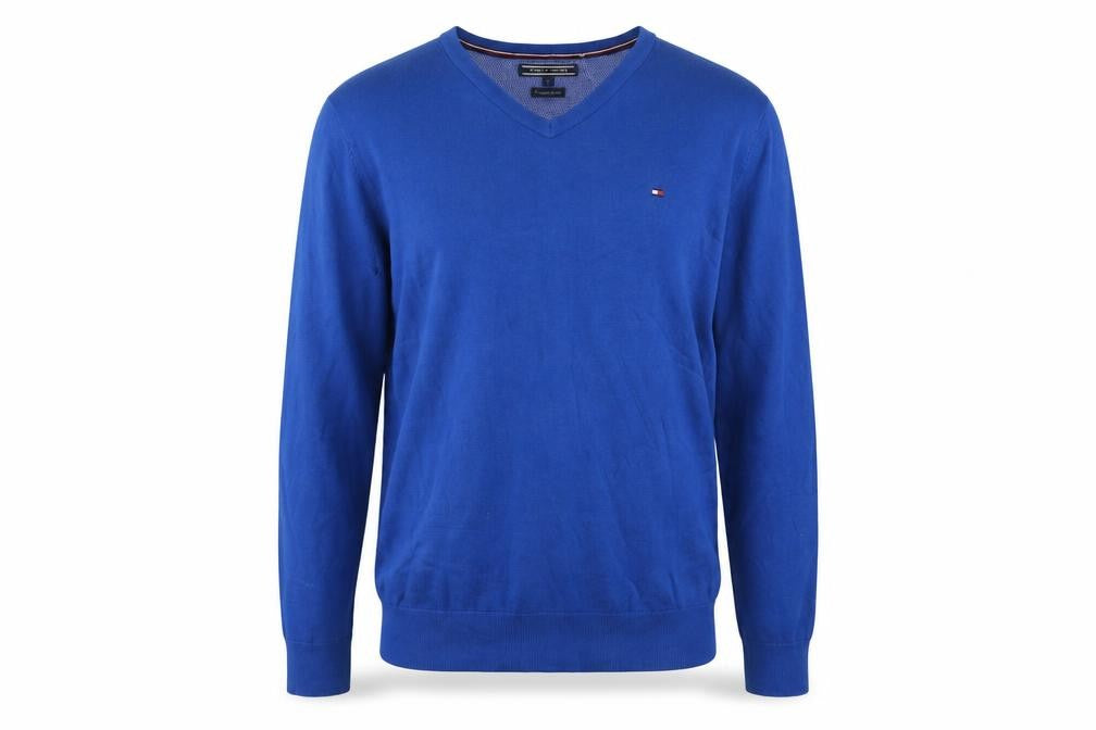 Front view of Tommy Hilfiger Men's Blue Cotton V-Neck Jumper, size S