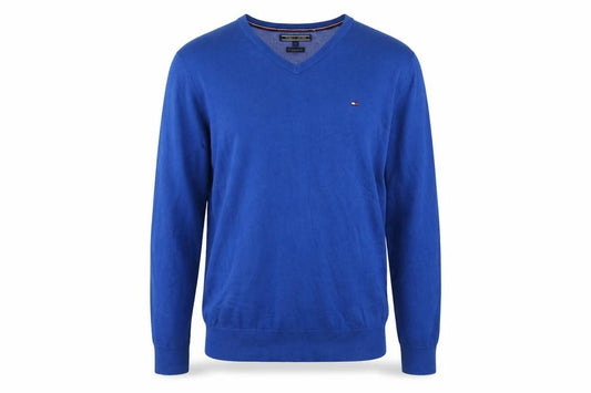 Front view of Tommy Hilfiger Men's Blue Cotton V-Neck Jumper, size S