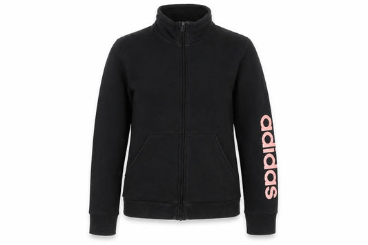 Front view of Adidas women’s black full zip sweatshirt, size S, cotton blend