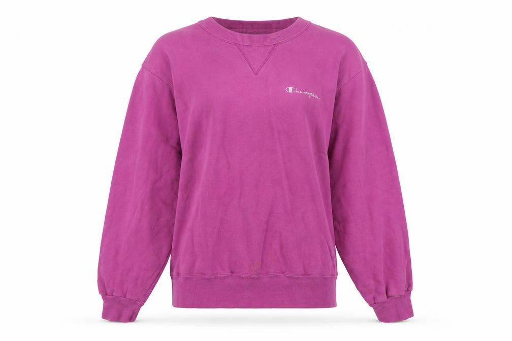 Front view of Champion women’s purple crew neck pullover sweatshirt, size M