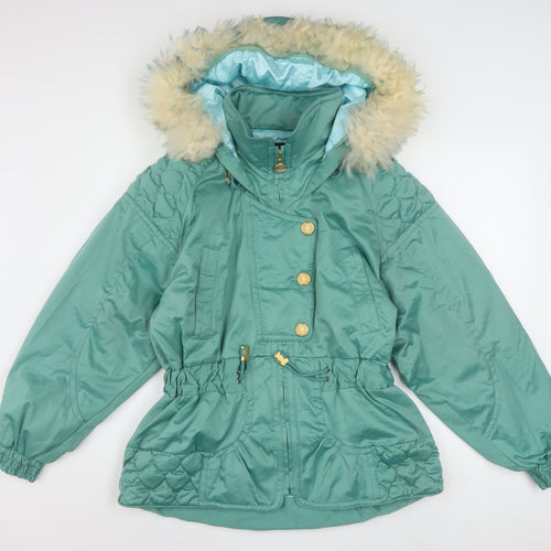Kensho Abe Womens Green Fur Trim Hooded Padded Parka Jacket M
