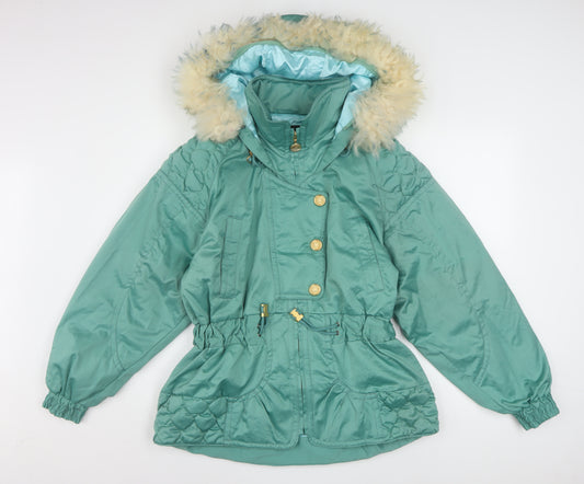 Kensho Abe Womens Green Fur Trim Hooded Padded Parka Jacket M