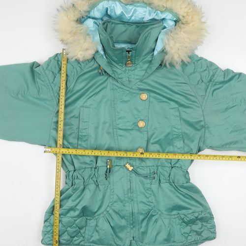 Kensho Abe Womens Green Fur Trim Hooded Padded Parka Jacket M