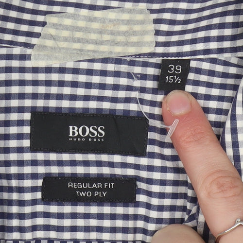 Hugo Boss Men's Blue Check Regular Fit Long Sleeve Cotton Shirt 15.5in