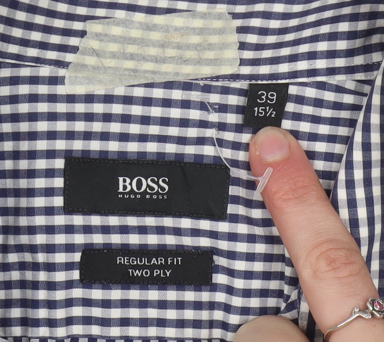 Hugo Boss Men's Blue Check Regular Fit Long Sleeve Cotton Shirt 15.5in