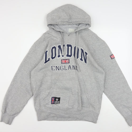 Amazing London Men's Grey Pullover Hoodie L Embroidered Flag Design
