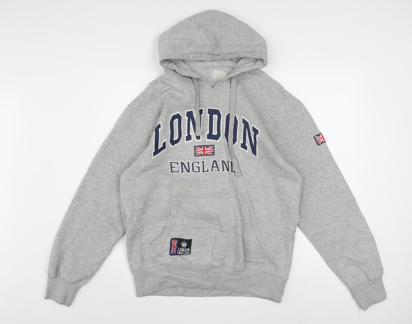 Amazing London Men's Grey Pullover Hoodie L Embroidered Flag Design