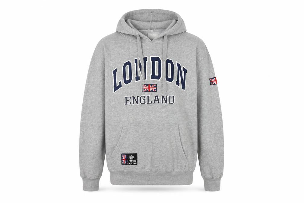 Front view of Amazing London Men's Grey Pullover Hoodie L Embroidered Flag Design