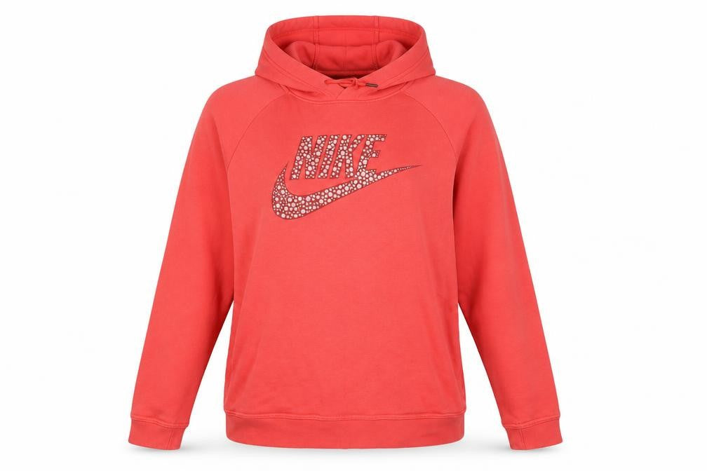 Front view of Nike Women’s Pink Rhinestone Logo Pullover Hoodie, size L