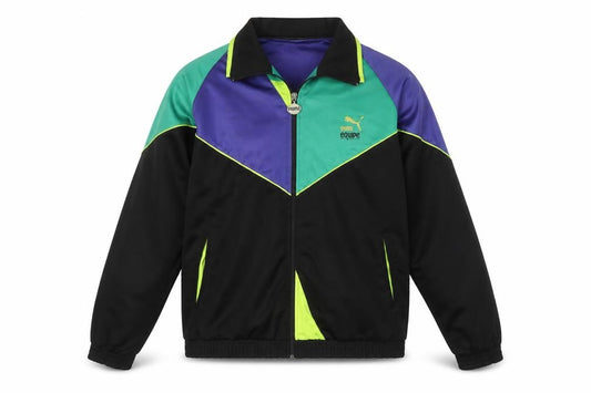 Front view of Puma Women Black Purple Green Bomber Jacket, size 12, Polyester Colourblock