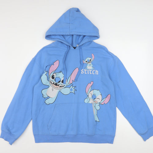 Disney Women Blue Stitch Pullover Hoodie L Cotton Blend Graphic