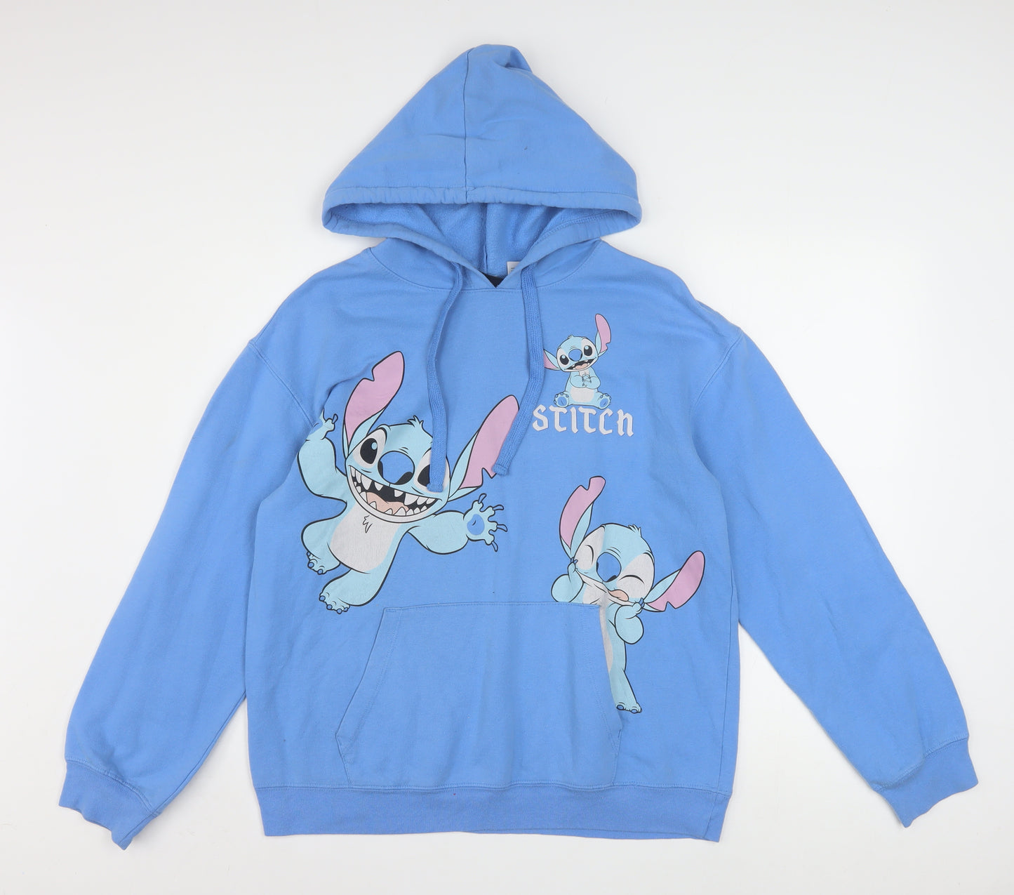 Disney Women Blue Stitch Pullover Hoodie L Cotton Blend Graphic