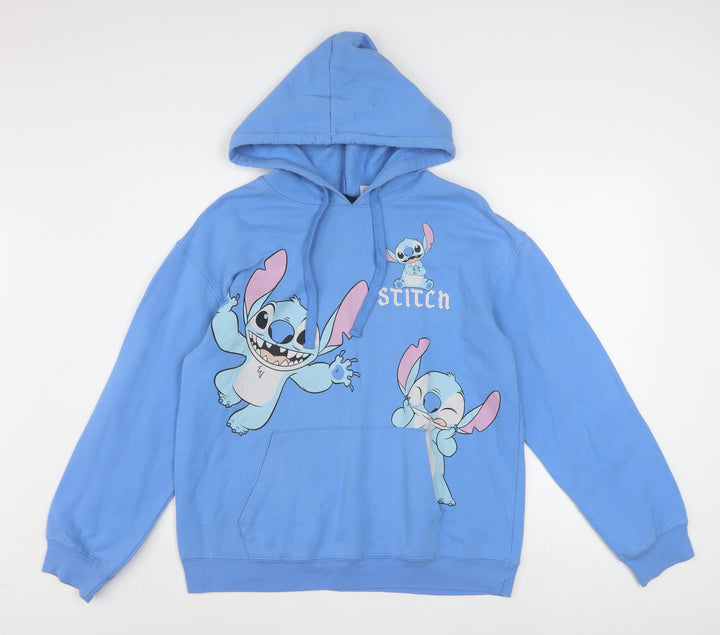 Disney Women Blue Stitch Pullover Hoodie L Cotton Blend Graphic