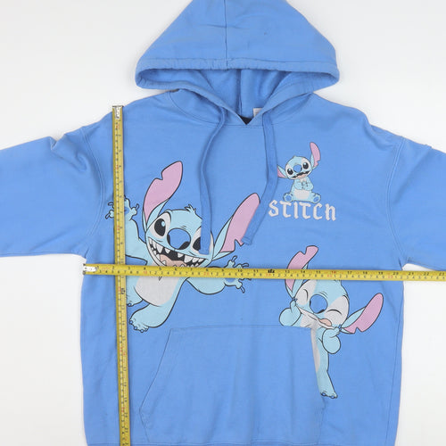 Disney Women Blue Stitch Pullover Hoodie L Cotton Blend Graphic