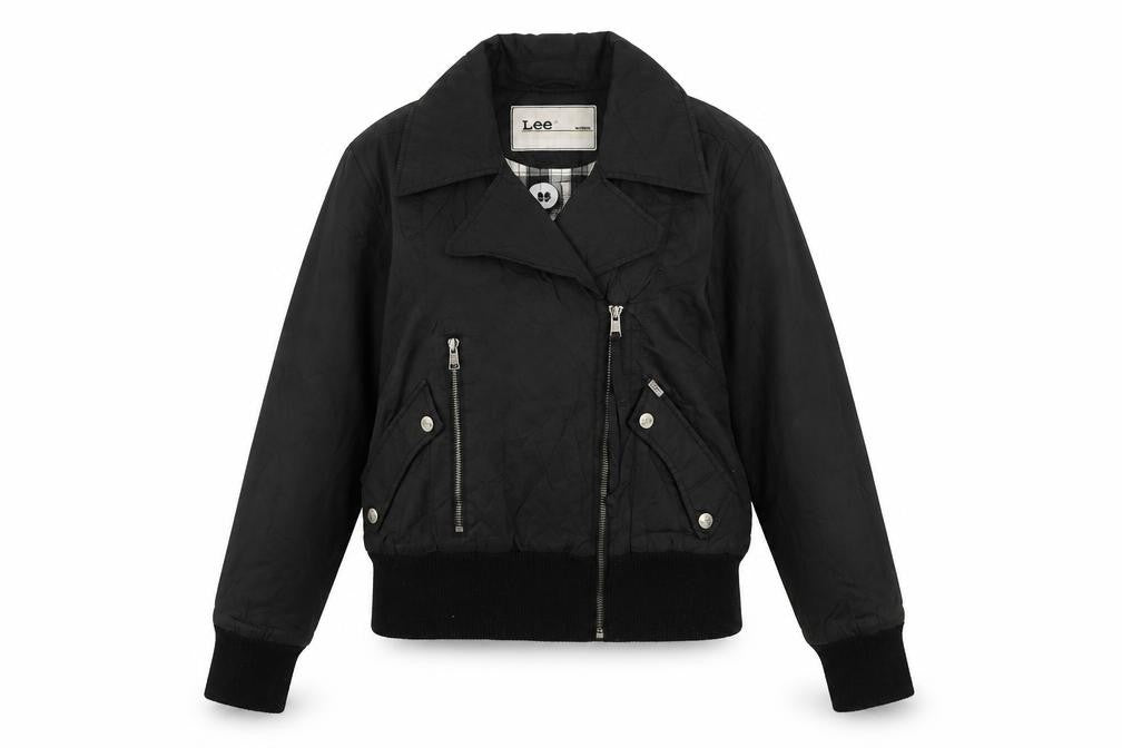 Front view of Lee Women Black Small Biker Jacket with Zip Detail