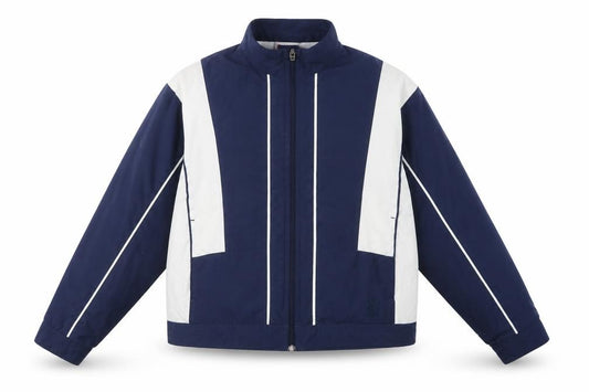 Front view of K-Swiss men’s blue white windbreaker jacket, size M, sports retro