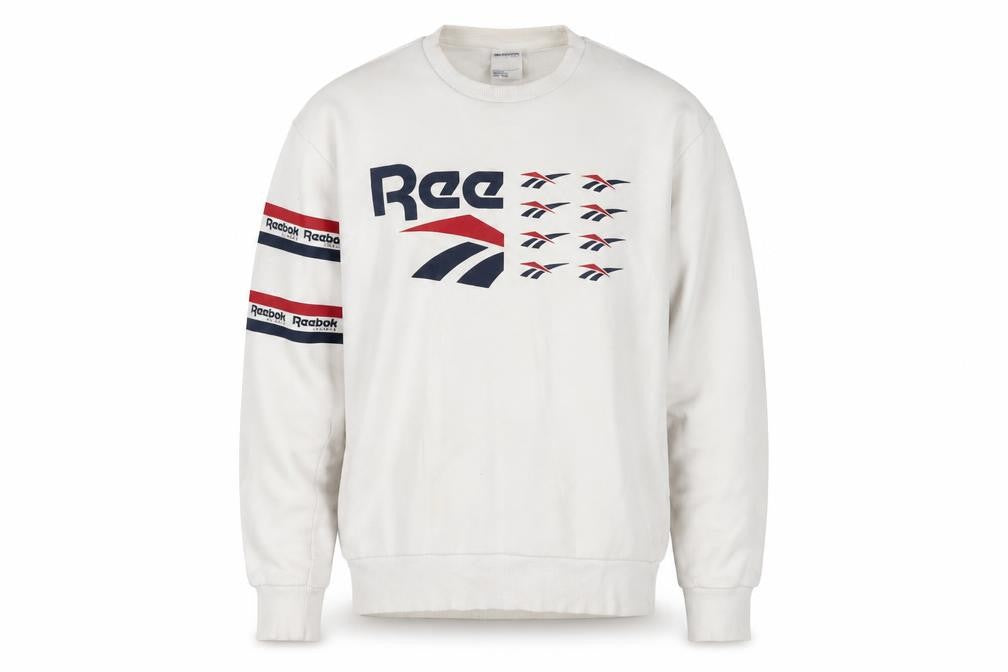 Front view of Reebok Men's White Graphic Logo Pullover Sweatshirt, size S