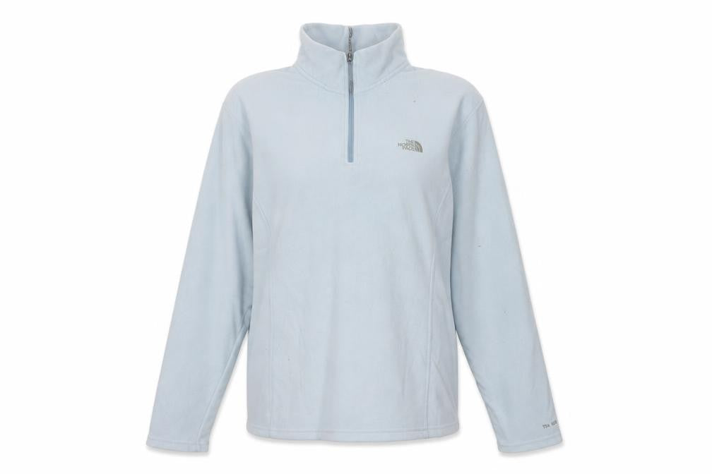 Front view of The North Face women’s blue fleece 1/4 zip pullover sweatshirt xl