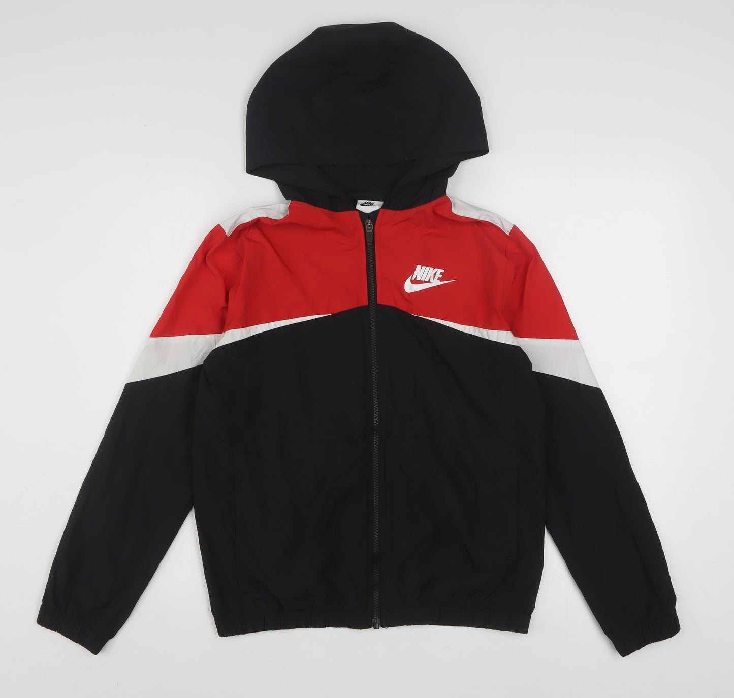 Nike Womens Red Black Hooded Windbreaker Jacket L Polyester Lightweight