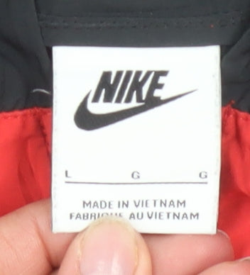 Nike Womens Red Black Hooded Windbreaker Jacket L Polyester Lightweight